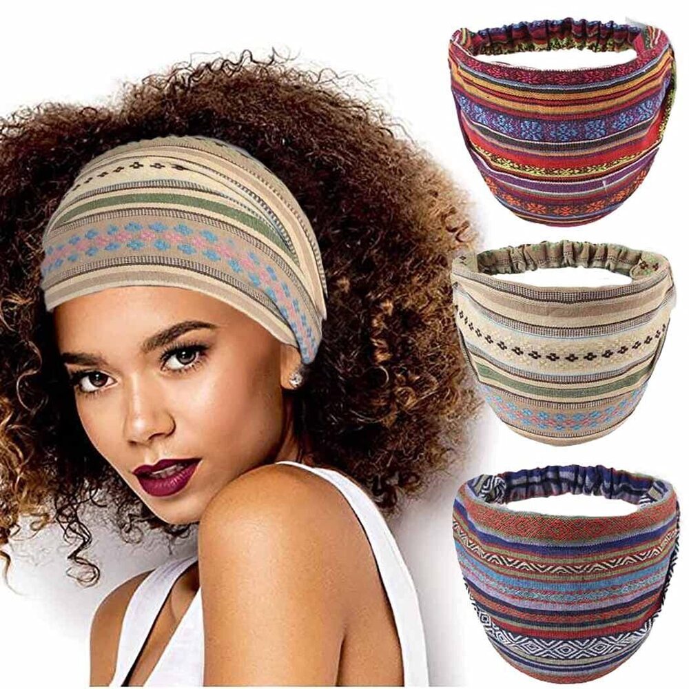 6777 Boho Wide Headbands African Head Wraps Stretchy Hairbands Stripe